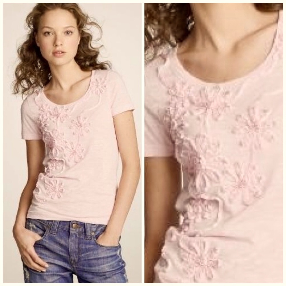 🆕 J. CREW Slub Cotton Embroidered Swirling Flowers Appliqué Tee